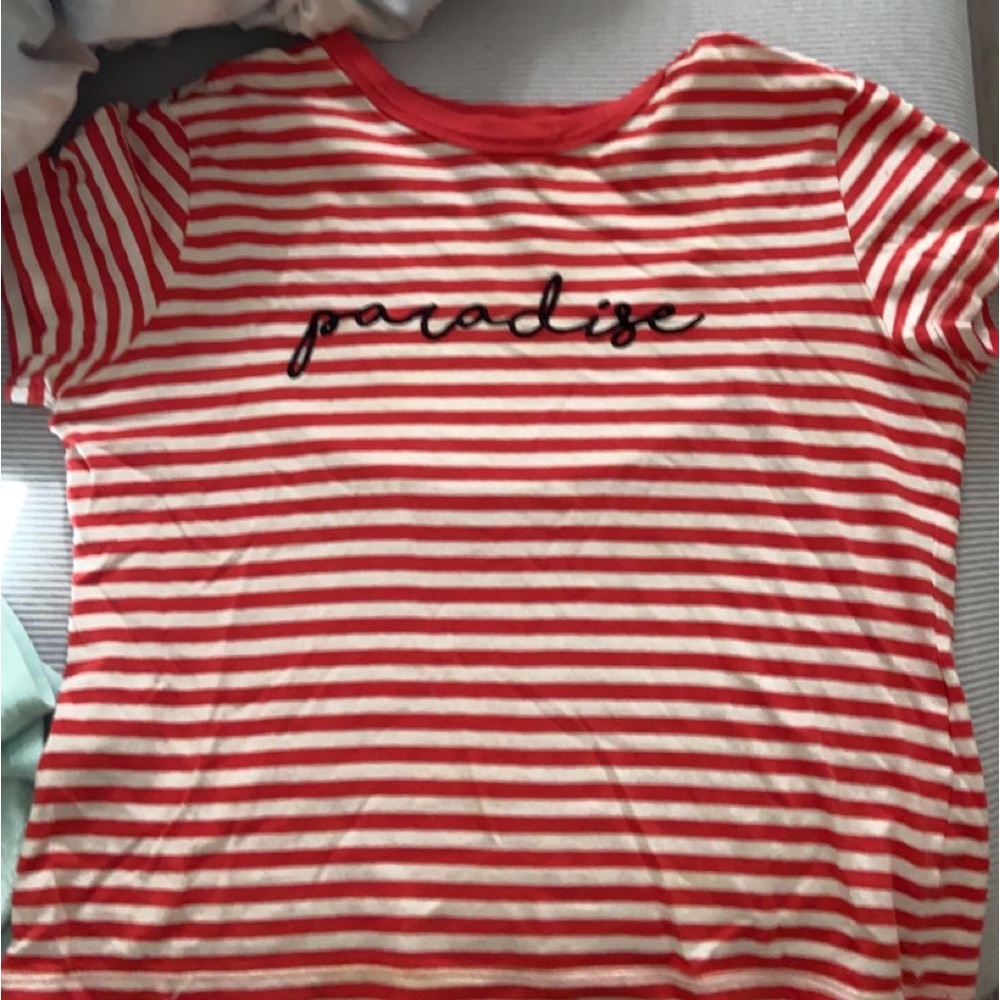 Forever 21, crop top, small, red and white stripes, says “paradise” in cursive